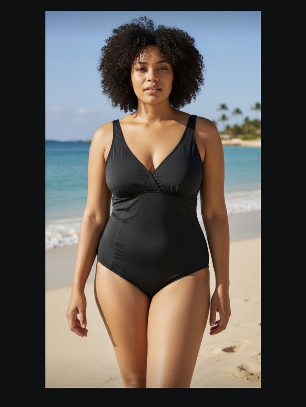 Black V-Neck One-Piece Swimsuit - Women Swim